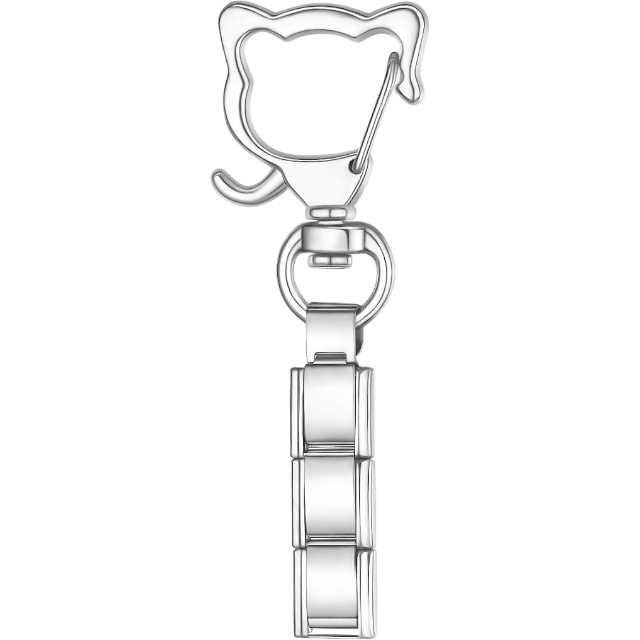 Silver Italian charm key chain with a cat head-shaped clasp at the top and a short segment of blank rectangular links below.